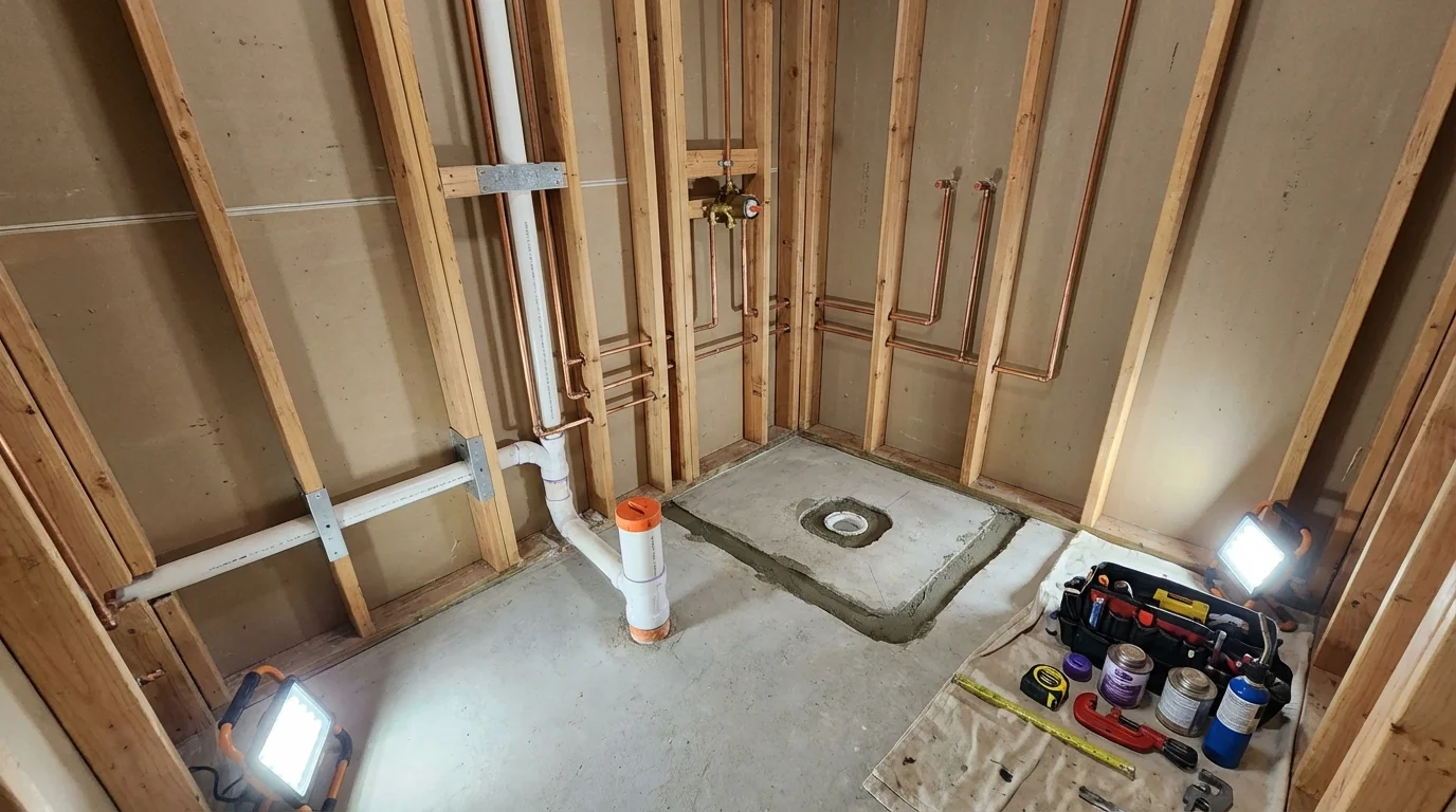 Bathroom rough-in plumbing during remodel by Johns Plumbing LLC in Burton
