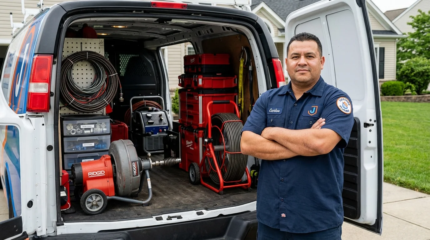 Professional drain cleaning equipment and Johns Plumbing LLC plumber in Burton