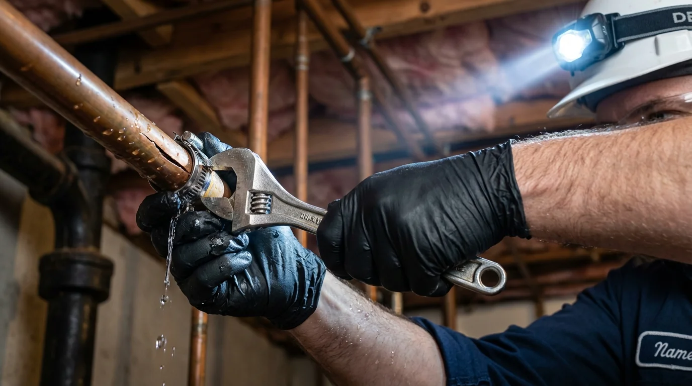 Emergency pipe clamp repair being performed by a Johns Plumbing LLC plumber in Burton