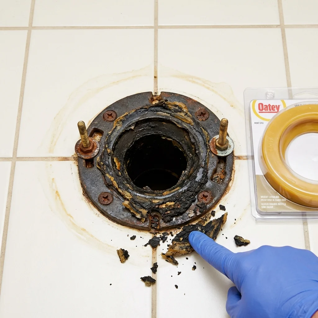 Failed wax ring showing water seepage at the base of a toilet in a Burton, OH home