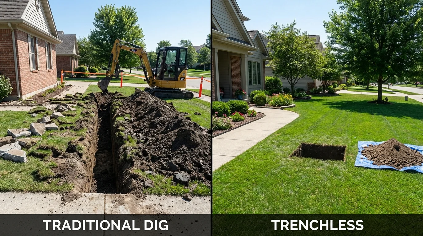 Trenchless sewer repair with minimal yard damage versus traditional excavation in Burton, OH